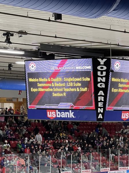 The Single Speed Suite at Young Arena was the perfect spot to watch the Waterloo Black Hawks get a win! Weicks Media mentioned on the electronic scoreboard at Young Arena